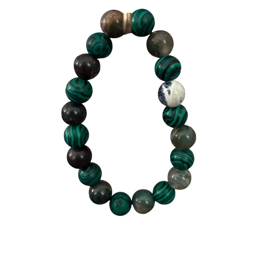 Handmade Natural Malachite Moss Agate and‎ Sodalite Beaded Stretch Bracelet